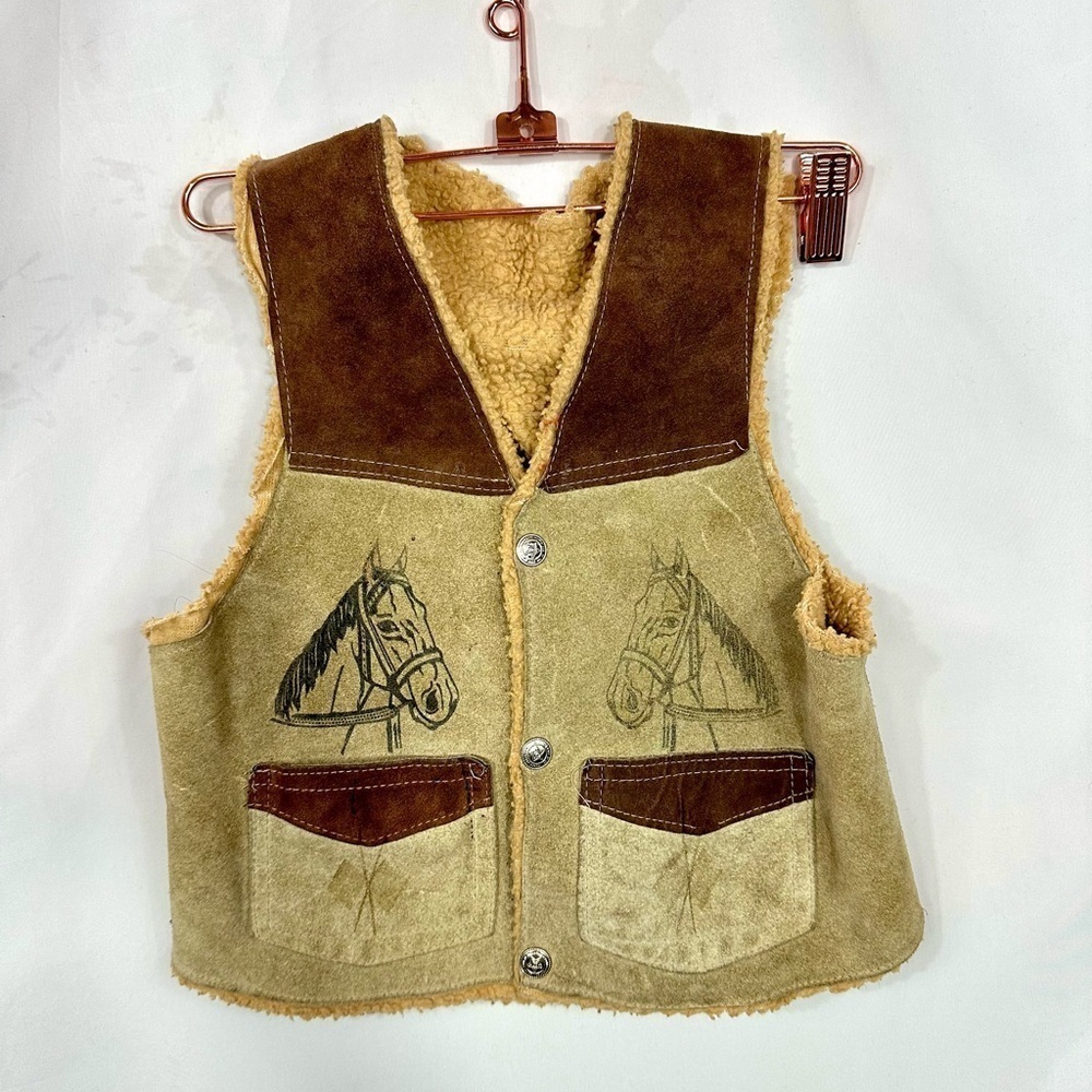 Horse print kids leather suede sherpa lined vest